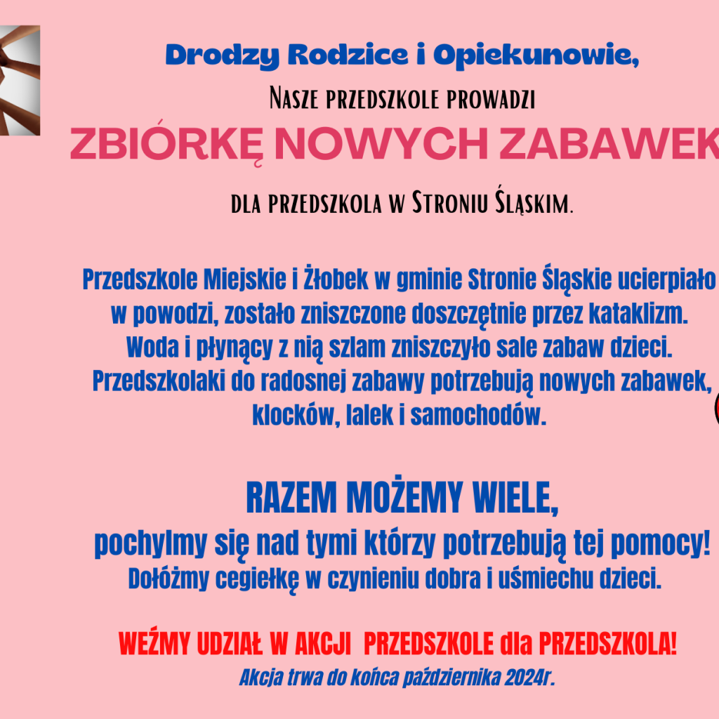 Zbiórka nowych zabawek dla przedszkola w Stroniu Śląskim -akcja